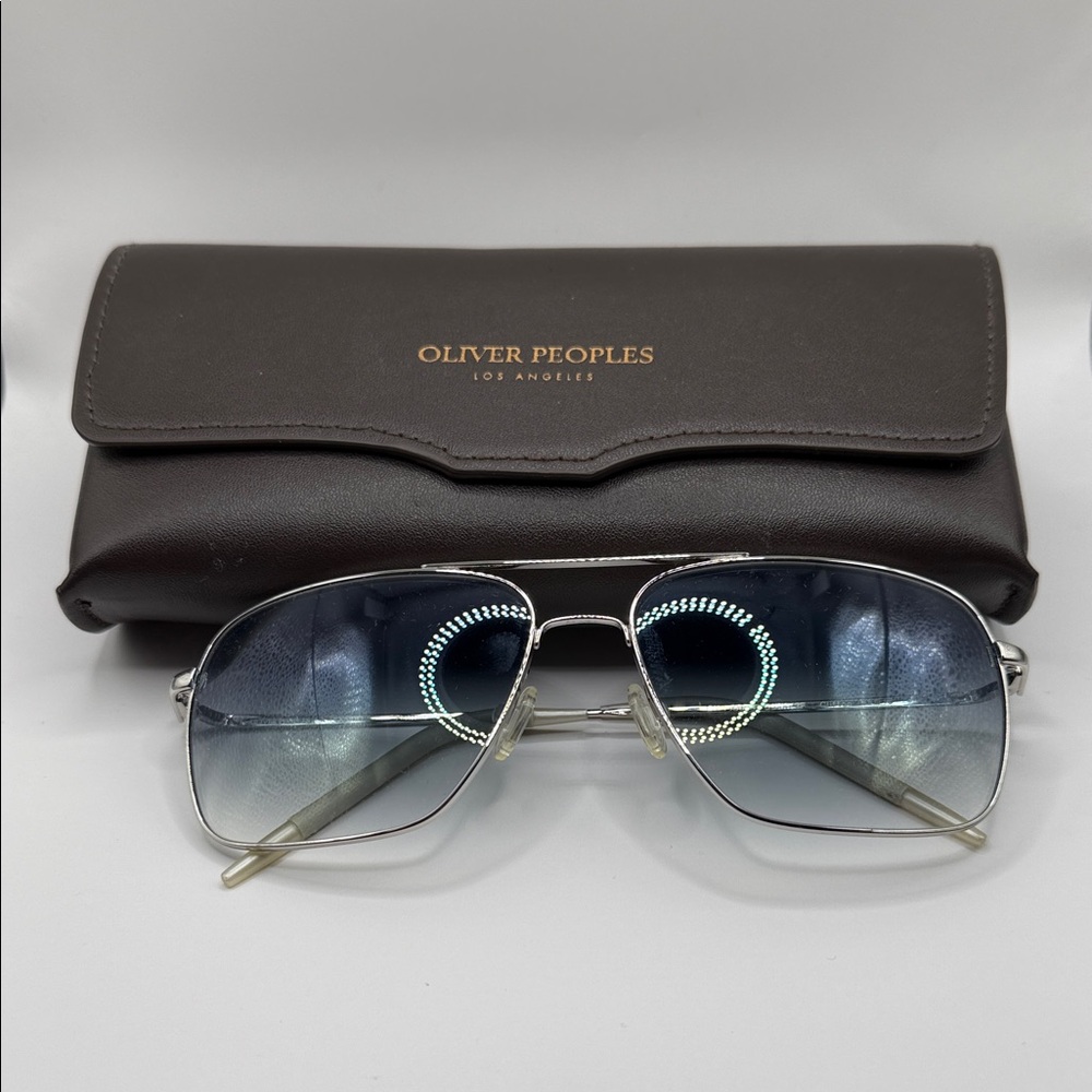 Oliver Peoples Silver and Blue Aviator Sunglasses